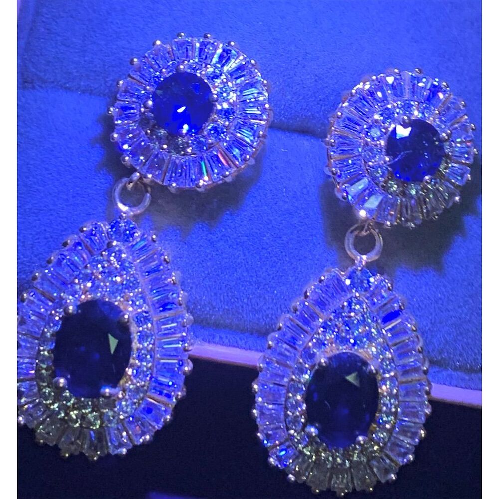 New TT Blue Sapphire & CZ Double Halo Drop Earrings Wedding